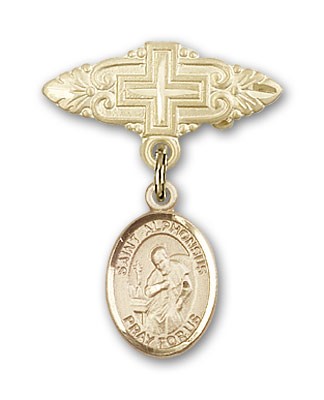 Pin Badge with St. Alphonsus Charm and Badge Pin with Cross - 14K Solid Gold
