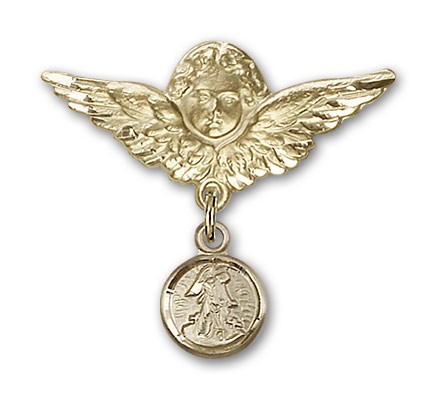 Baby Pin with Guardian Angel Charm and Angel with Larger Wings Badge Pin - Gold Tone
