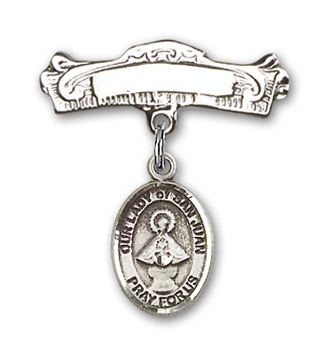 Pin Badge with Our Lady of San Juan Charm and Arched Polished Engravable Badge Pin - Silver tone