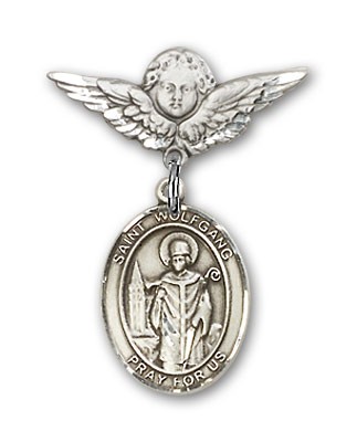 Pin Badge with St. Wolfgang Charm and Angel with Smaller Wings Badge Pin - Silver tone