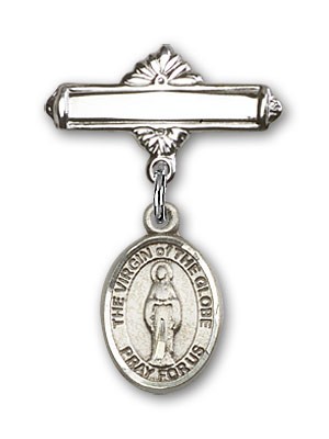 Pin Badge with Virgin of the Globe Charm and Polished Engravable Badge Pin - Silver tone
