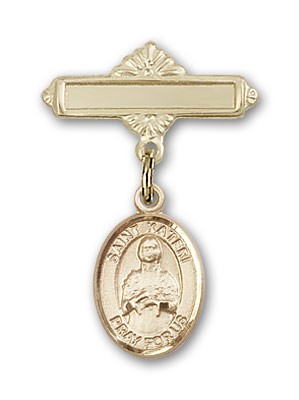 Pin Badge with St. Kateri Charm and Polished Engravable Badge Pin - 14K Solid Gold