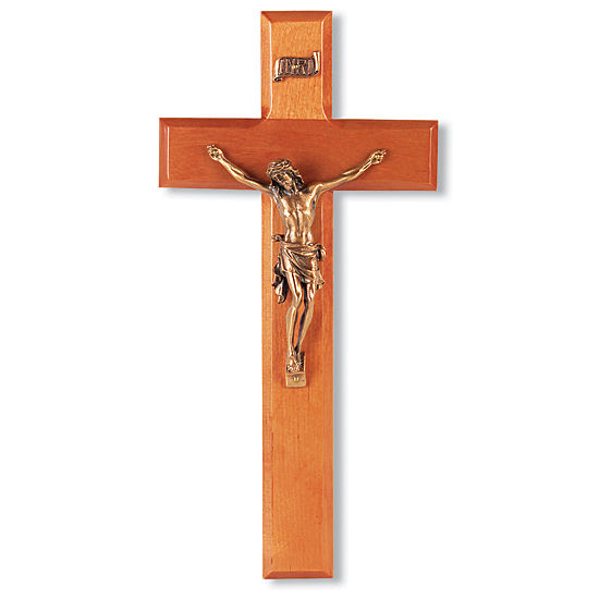 Natural Cherry Wood Wall Crucifix with Beveled Edge - 10 inch - Brown