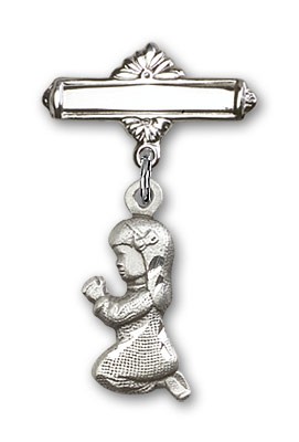 Baby Pin with Praying Girl Charm and Polished Engravable Badge Pin - Silver tone