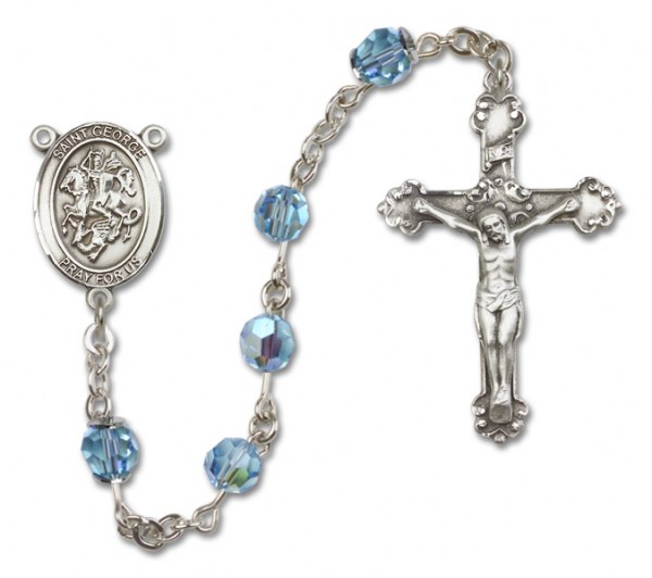 St. George Sterling Silver Heirloom Rosary Fancy Crucifix - Aqua