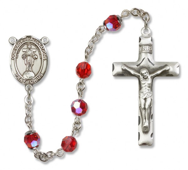 Our Lady of Nations Sterling Silver Heirloom Rosary Squared Crucifix - Ruby Red