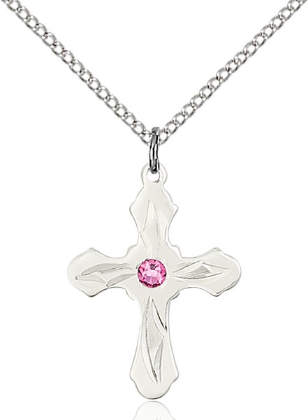 Youth Cross Pendant with Pointed Etching Birthstone Options - Rose