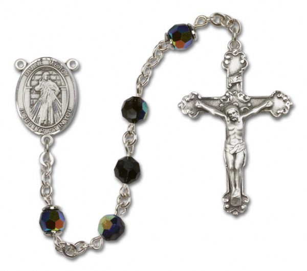 Divine Mercy Sterling Silver Heirloom Rosary Fancy Crucifix - Black