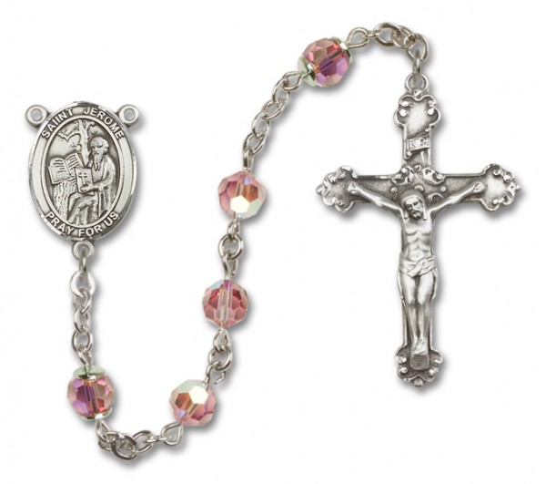 St. Jerome Sterling Silver Heirloom Rosary Fancy Crucifix - Light Rose
