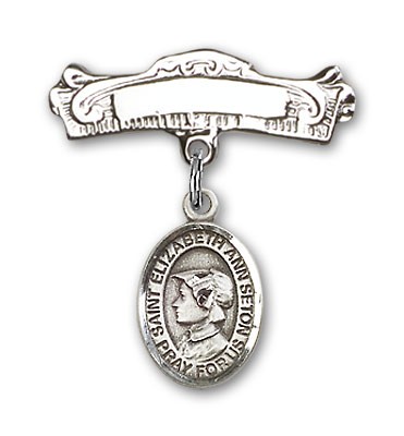 Pin Badge with St. Elizabeth Ann Seton Charm and Arched Polished Engravable Badge Pin - Silver tone