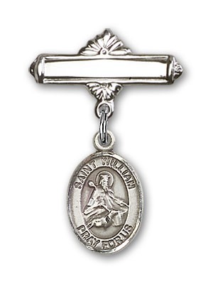 Pin Badge with St. William of Rochester Charm and Polished Engravable Badge Pin - Silver tone