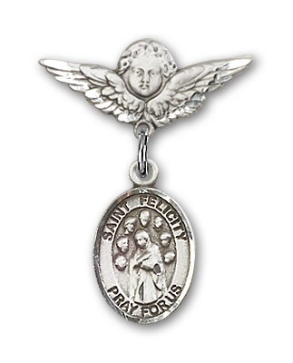 Pin Badge with St. Felicity Charm and Angel with Smaller Wings Badge Pin - Silver tone