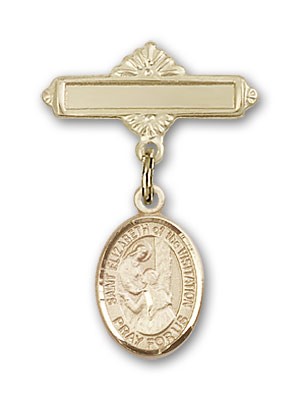 Pin Badge with St. Elizabeth of the Visitation Charm and Polished Engravable Badge Pin - 14K Solid Gold