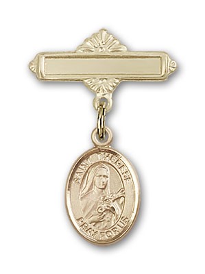 Pin Badge with St. Therese of Lisieux Charm and Polished Engravable Badge Pin - 14K Solid Gold