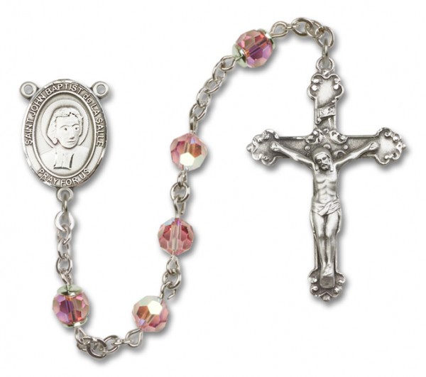 St. John Baptist de la Salle Sterling Silver Heirloom Rosary Fancy Crucifix - Light Rose