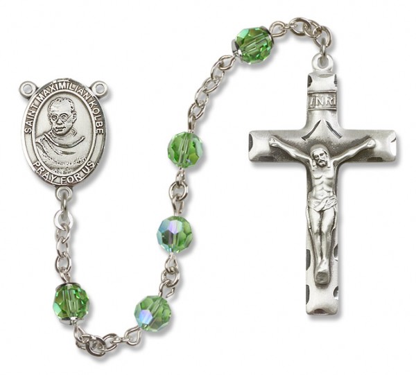 St. Maximilian Kolbe Sterling Silver Heirloom Rosary Squared Crucifix - Peridot