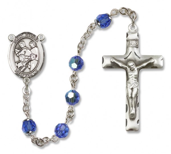 St. Cecilia with Marching Band Sterling Silver Heirloom Rosary Squared Crucifix - Sapphire