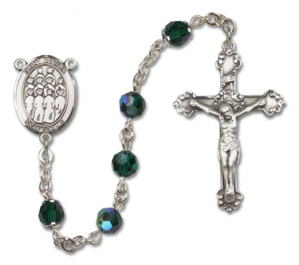St. Cecilia with Choir Sterling Silver Heirloom Rosary Fancy Crucifix - Emerald Green