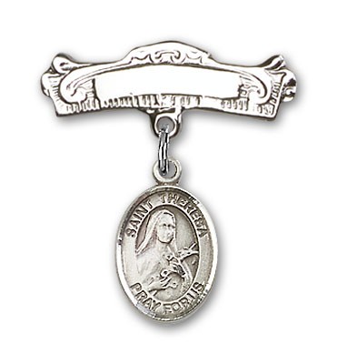 Pin Badge with St. Theresa Charm and Arched Polished Engravable Badge Pin - Silver tone