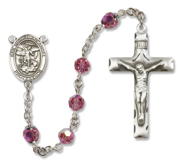 San Miguel the Archangel Sterling Silver Heirloom Rosary Squared Crucifix - Rose