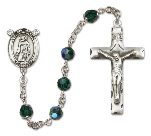 St. Peregrine Laziosi Sterling Silver Heirloom Rosary Squared Crucifix - Emerald Green