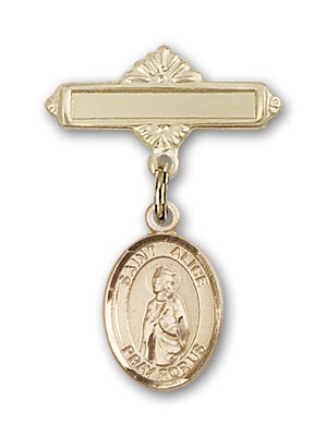 Pin Badge with St. Alice Charm and Polished Engravable Badge Pin - 14K Solid Gold