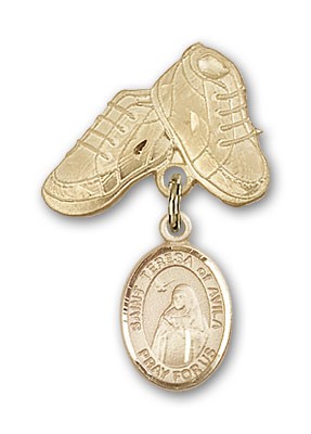 Pin Badge with St. Teresa of Avila Charm and Baby Boots Pin - 14K Solid Gold