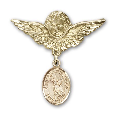 Pin Badge with St. Paul of the Cross Charm and Angel with Larger Wings Badge Pin - 14K Solid Gold