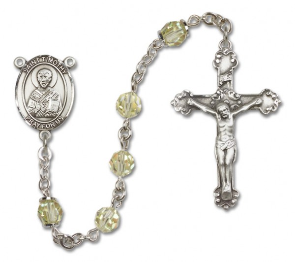 St. Timothy Sterling Silver Heirloom Rosary Fancy Crucifix - Zircon