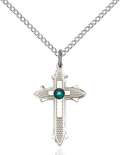 Polished and Textured Cross Pendant with Birthstone Options - Emerald Green
