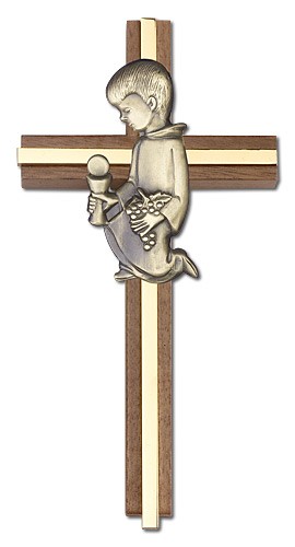 First Communion Boy Wall Cross in Walnut and Metal Inlay - 6 inch  - Gold Tone