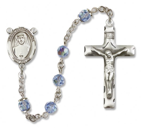 St. Maria Faustina Sterling Silver Heirloom Rosary Squared Crucifix - Light Sapphire