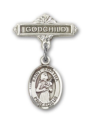 Pin Badge with St. Agatha Charm and Godchild Badge Pin - Silver tone