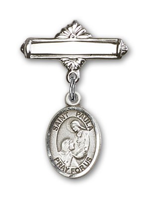 Pin Badge with St. Paula Charm and Polished Engravable Badge Pin - Silver tone