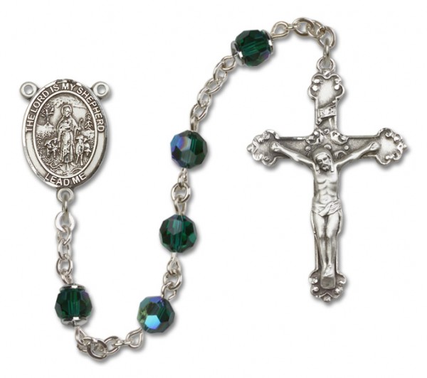 Lord Is My Shepherd Sterling Silver Heirloom Rosary Fancy Crucifix - Emerald Green