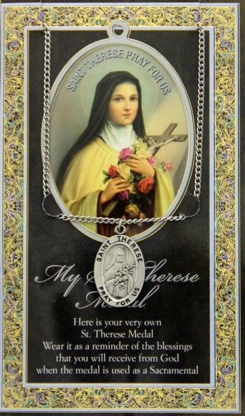 St. Therese  Medal in Pewter with Bi-Fold Prayer Card - Silver tone