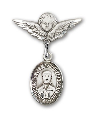 Pin Badge with Blessed Pier Giorgio Frassati Charm and Angel with Smaller Wings Badge Pin - Silver tone