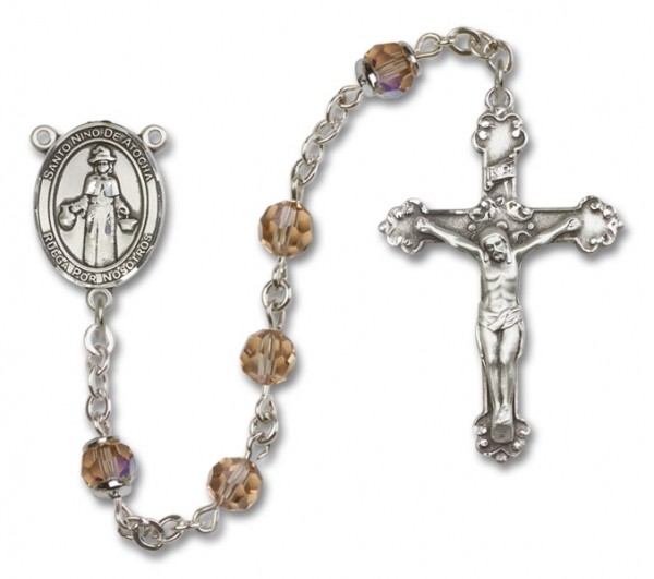 St. Nino de Atocha Sterling Silver Heirloom Rosary Fancy Crucifix - Topaz