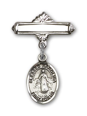 Pin Badge with Blessed Karolina Kozkowna Charm and Polished Engravable Badge Pin - Silver tone