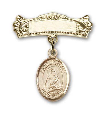 Pin Badge with St. Victoria Charm and Arched Polished Engravable Badge Pin - Gold Tone