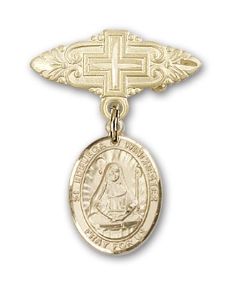 Pin Badge with St. Edburga of Winchester Charm and Badge Pin with Cross - Gold Tone