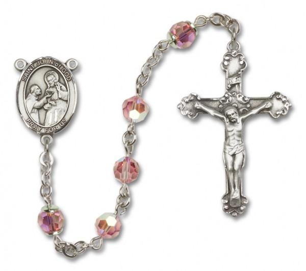 St. John of God Sterling Silver Heirloom Rosary Fancy Crucifix - Light Rose