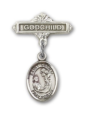 Pin Badge with St. Cecilia Charm and Godchild Badge Pin - Silver tone