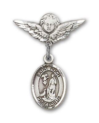 Pin Badge with St. Roch Charm and Angel with Smaller Wings Badge Pin - Silver tone
