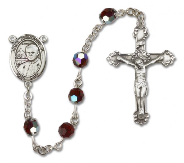 Pope John Paul II Sterling Silver Heirloom Rosary Fancy Crucifix - Garnet