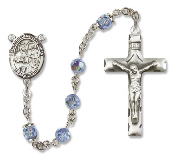 Saints Cosmas and Damian Sterling Silver Heirloom Rosary Squared Crucifix - Light Sapphire