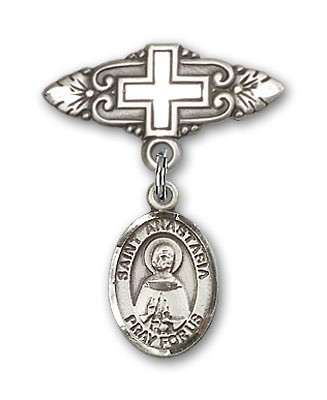 Pin Badge with St. Anastasia Charm and Badge Pin with Cross - Silver tone