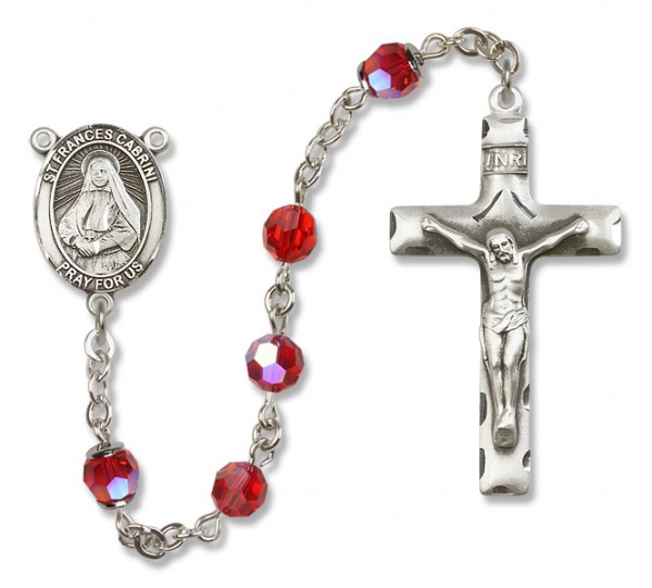 St. Frances Cabrini Sterling Silver Heirloom Rosary Squared Crucifix - Ruby Red