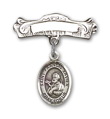 Pin Badge with St. Francis Xavier Charm and Arched Polished Engravable Badge Pin - Silver tone