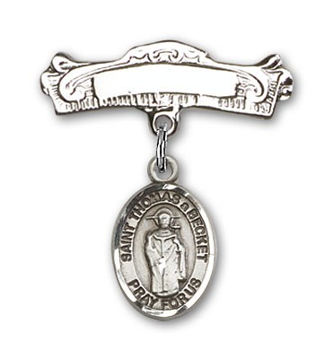 Pin Badge with St. Thomas A Becket Charm and Arched Polished Engravable Badge Pin - Silver tone